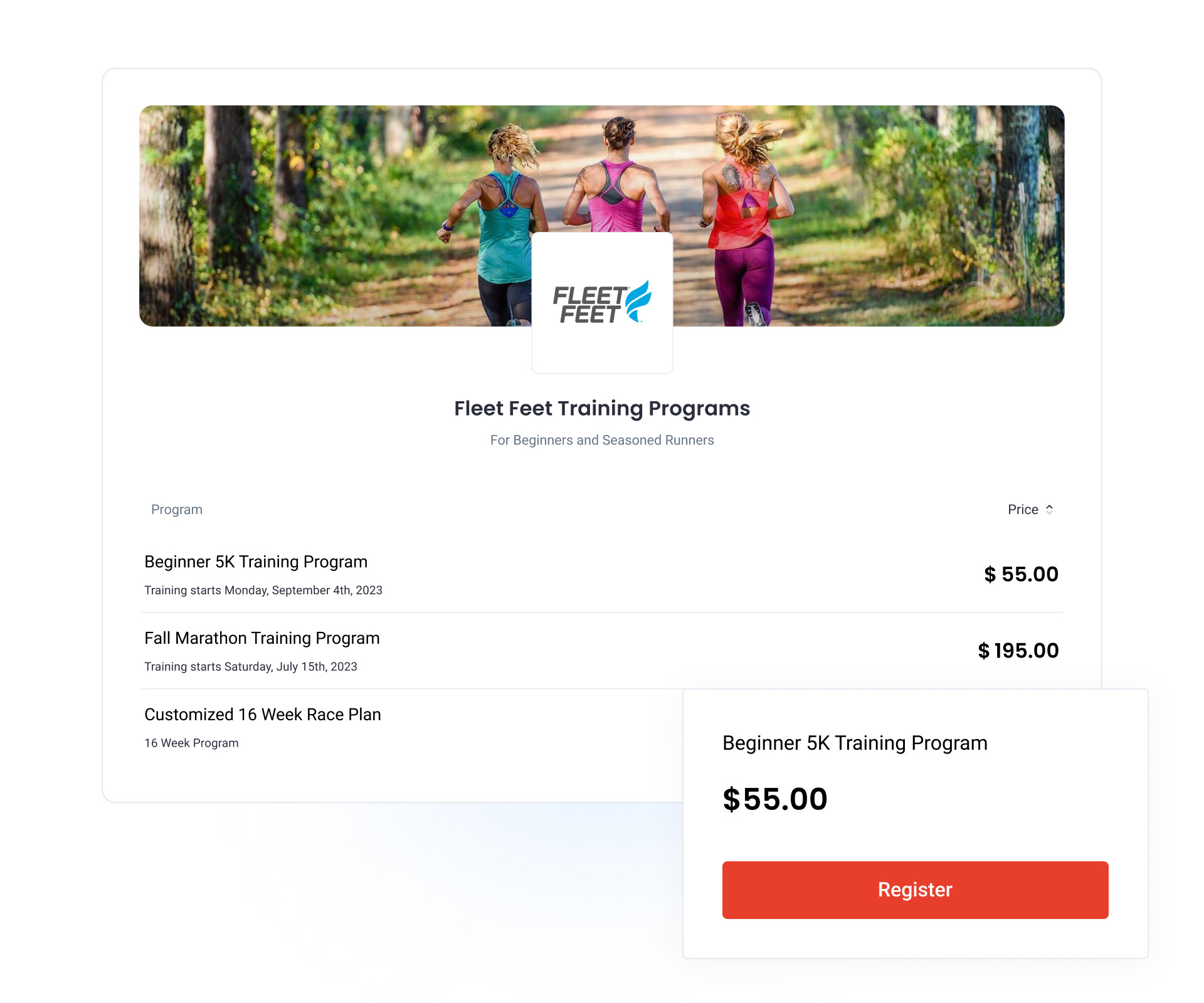 Screenshot of a list of available training programs open for registration.