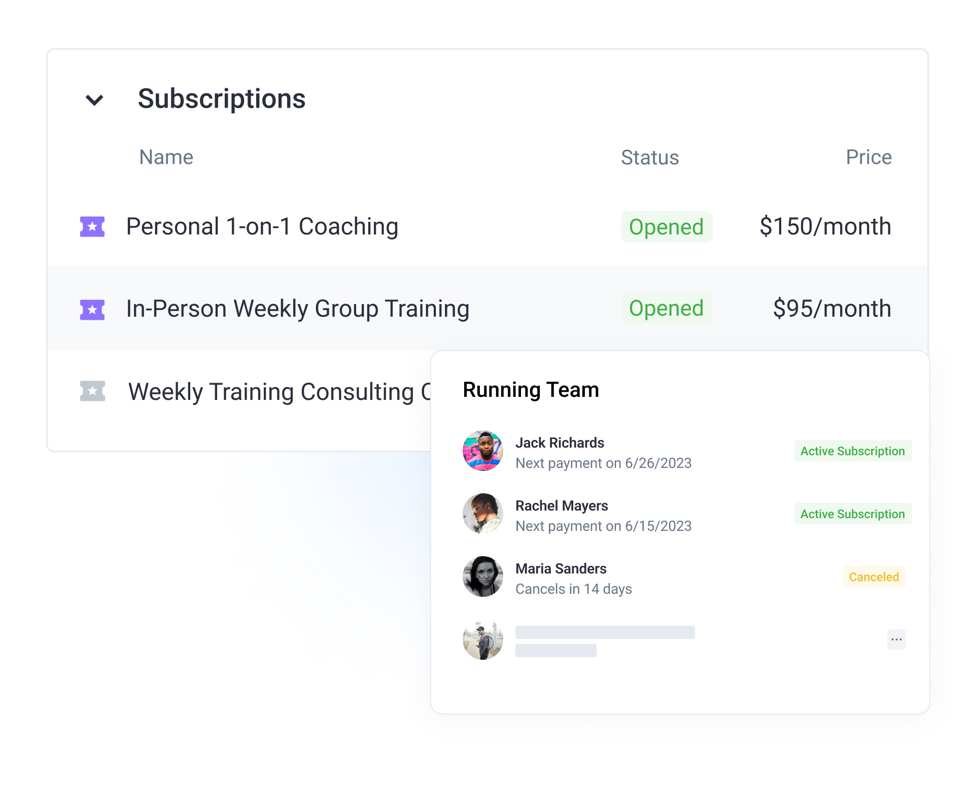 Screenshot displaying a list of available subscriptions open for sign-up, accompanied by a roster of teams and athletes already registered.