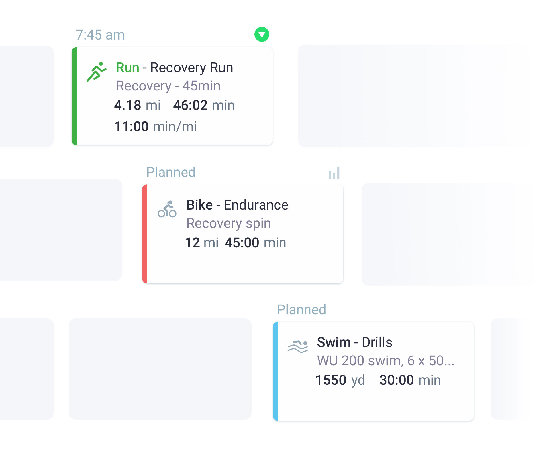 Planned running, cycling and swim workouts on calendar