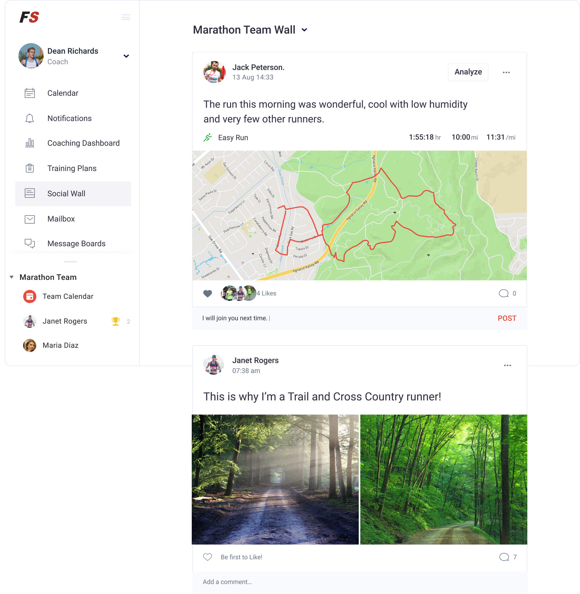 Team social wall where athletes share their workout, upload images and comment and like posts