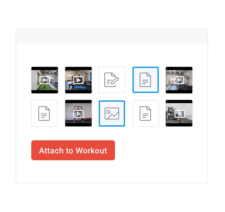 Thumbnail images of videos and files that are attached to workouts